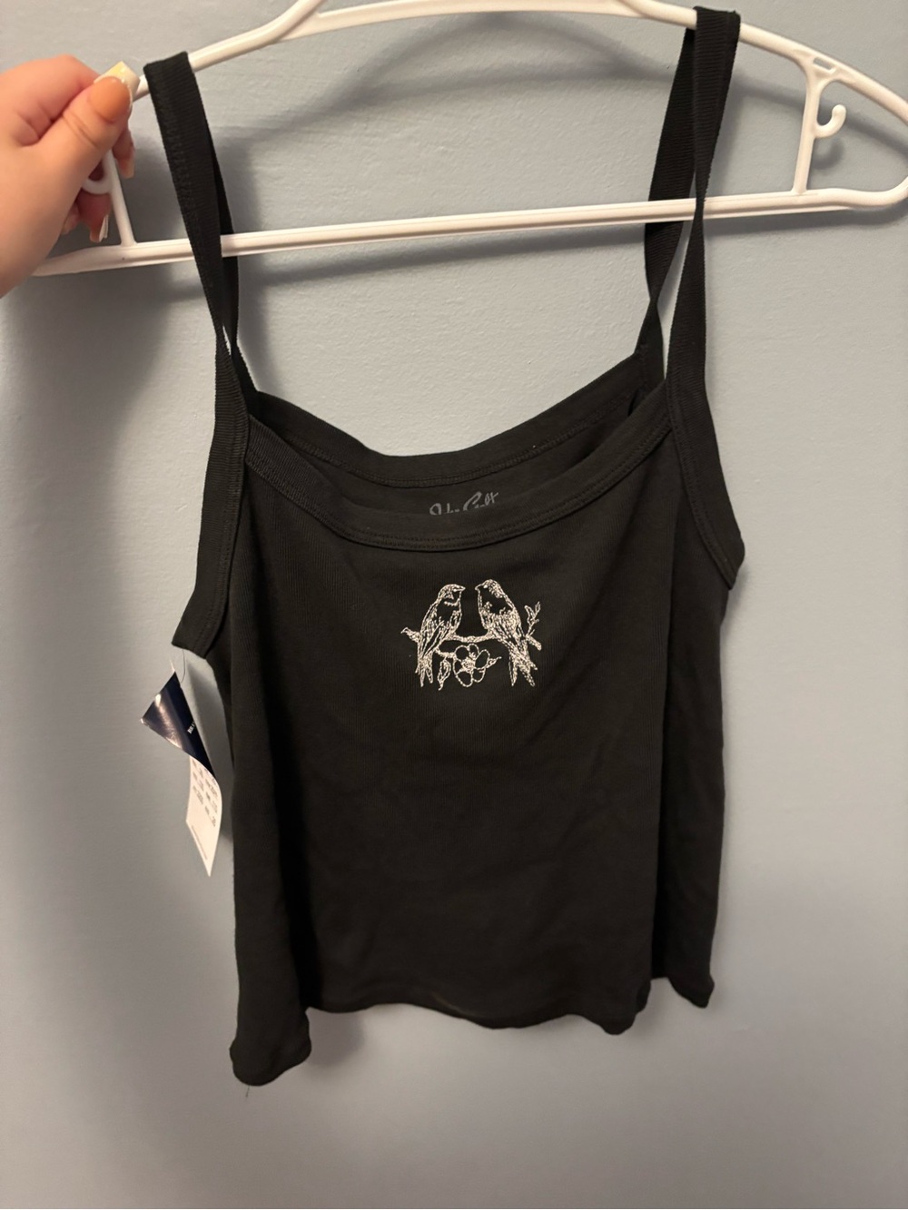 Brandy Melville Black Tank Top with White Bird Embroidery